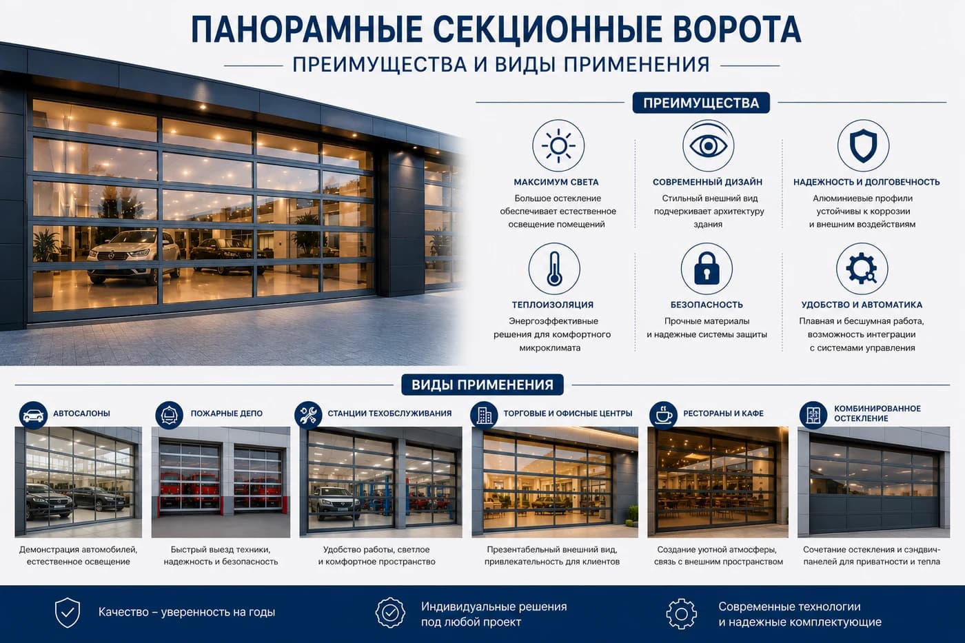 Панорамные секционные ворота с комбинированным остеклением для автосалонов, СТО,  офисов, автомоек. Инфографика презентует преимущества ворот: современный дизайн, естественное освещение, теплоизоляцию, безопасность и автоматизацию. На изображении показаны различные варианты применения панорамных ворот с алюминиевыми профилями и стеклянными секциями.