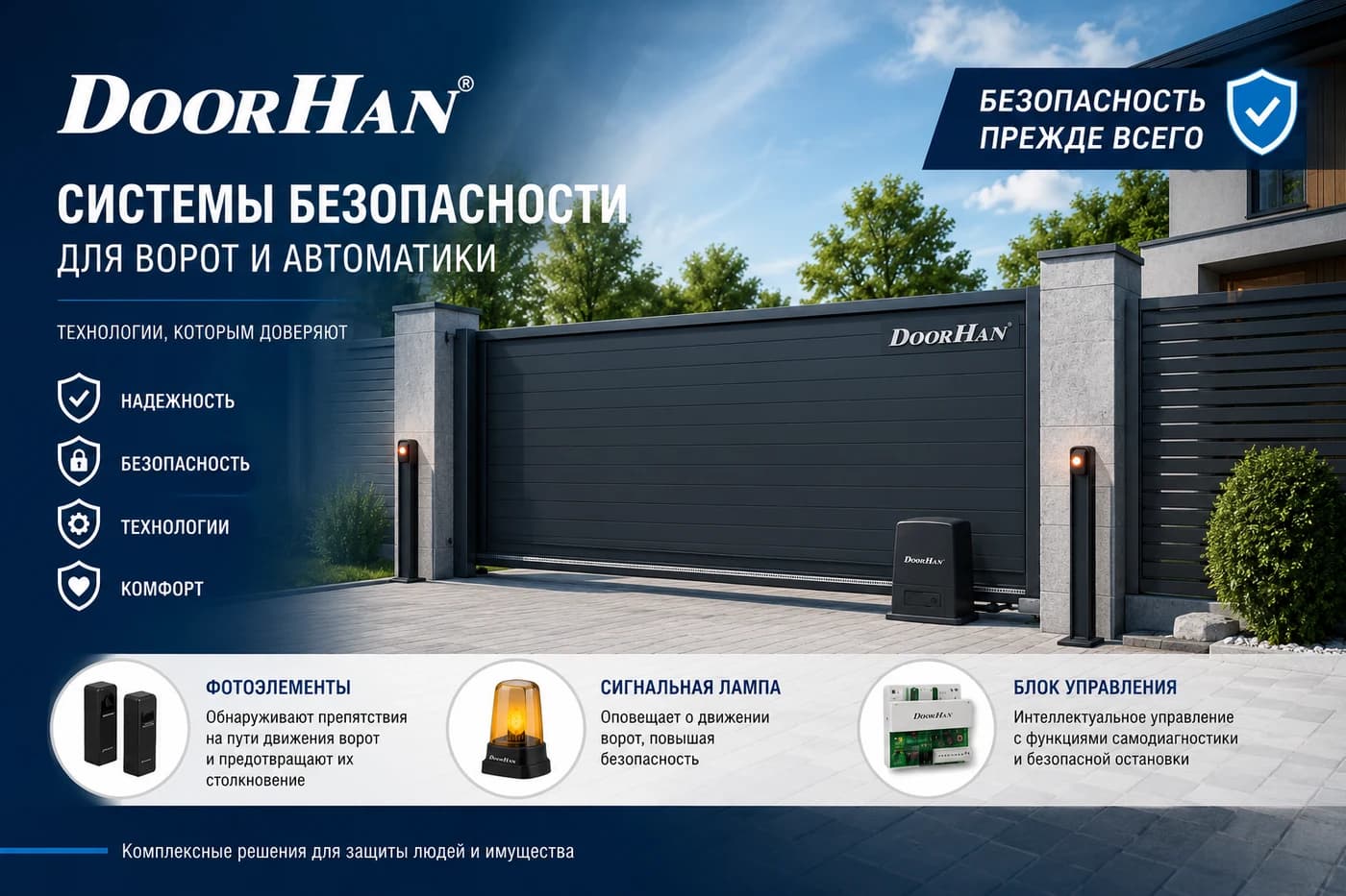 на картинке изображены основные системы безопасности которые предлагает Дорхан, блок управления, сигнальная лампа, фотоэлементы