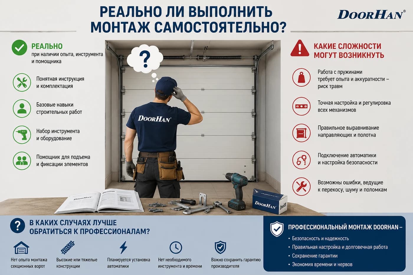 Изображение отвечает на вопрос "Реально ли выполнить монтаж секционных ворот самостоятельно?". Демонстрирует с какими сложностями можно столкнуться, консультирует о последствиях и в каких случаях обратится к профессионалам.